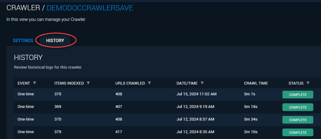 Site Search Crawler is an add-on connector that finds and indexes all of the pages of a website. This table shows the history of previous crawls.