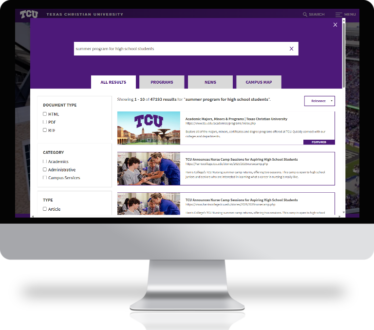 example search results page for tcu.edu