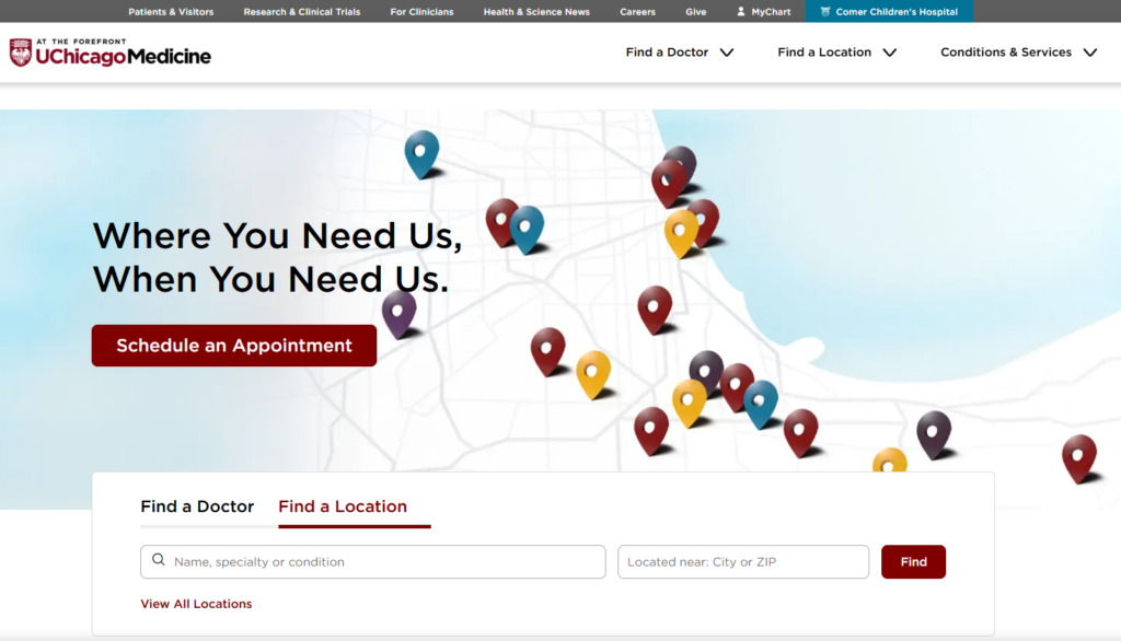 Example of optimized site search features on UChicago Med's website